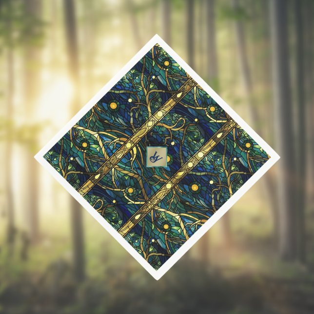 Navy Teal and Gold Moonlight Forest with Monogram Napkin (Creator Uploaded)
