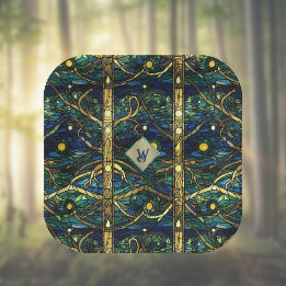 Navy Teal and Gold Moonlight Forest with Monogram Paper Plate