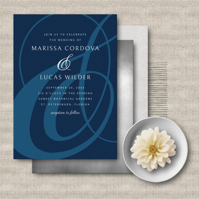 Navy Teal Blue Ampersand Script Wedding Invitation (Creator Uploaded)