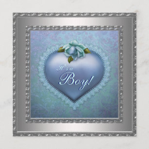 Navy Teal Blue Damask Baby Boy Shower Invitation