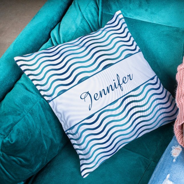 Navy & Teal Blue Gradient Waves Coastal Decor Cushion (Navy and Teal Blue Gradient Nautical Waves Coastal Decor Theme Throw Pillow)