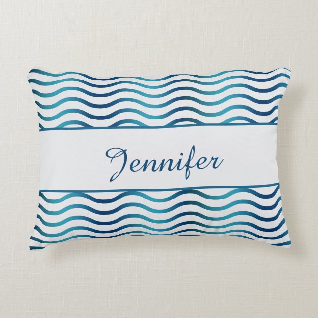 Navy & Teal Blue Gradient Waves Coastal Decor Decorative Cushion (Front)