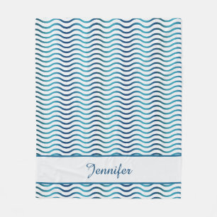 Navy & Teal Blue Gradient Waves Coastal Decor Fleece Blanket