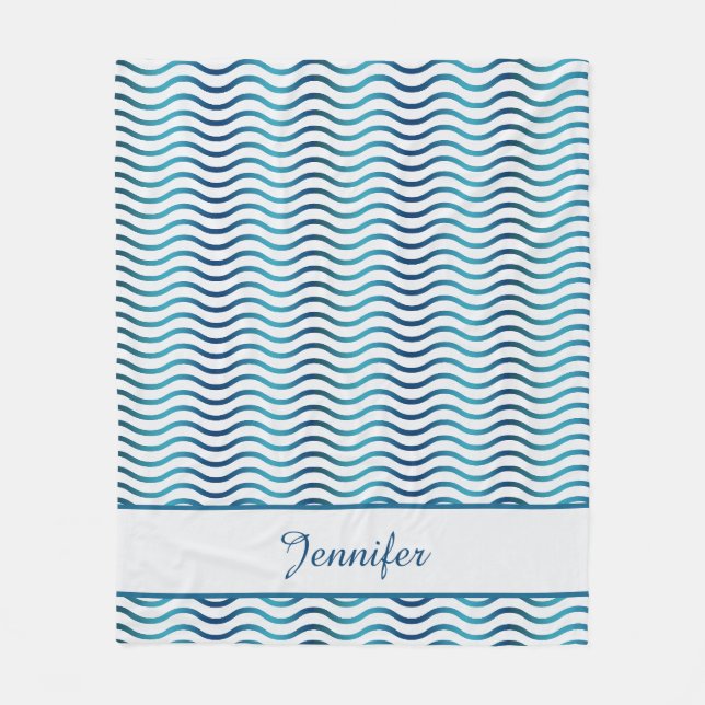 Navy & Teal Blue Gradient Waves Coastal Decor Fleece Blanket (Front)