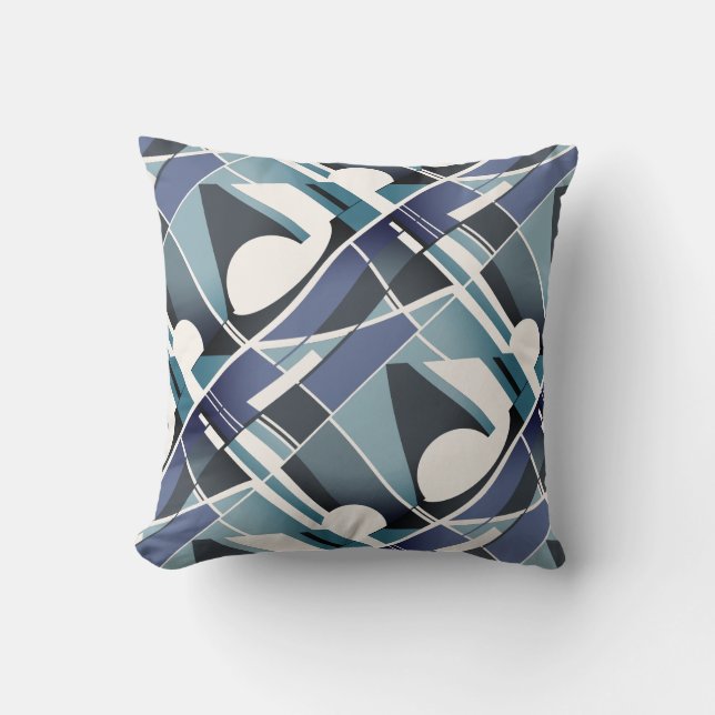 Navy Teal Charcoal White Slanted Twirling Art Look Cushion (Front)