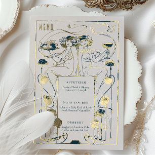Navy Teal Gold Menu Card Vintage Art Nouveau Foil