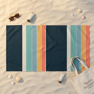 Navy, Teal & Gold Retro Stripe, 70s Modern Style Beach Towel