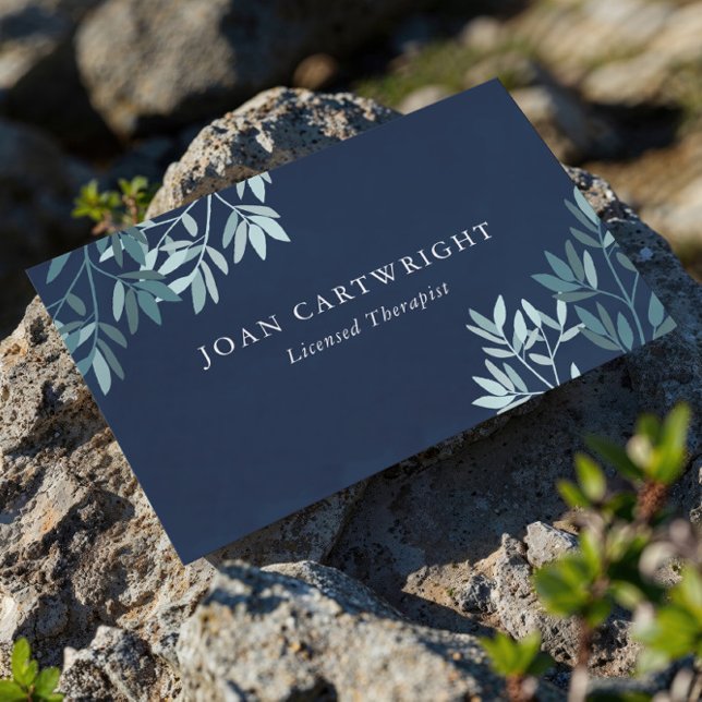 Navy & Teal Greenery Leaves - Therapist Business Card (Creator Uploaded)