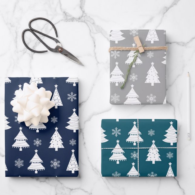 Navy, Teal & Silver Winter Christmas Tree Pattern Wrapping Paper Sheet (Front)