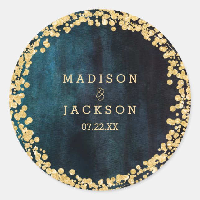 Navy Teal Watercolor & Gold Monogram Wedding Classic Round Sticker (Front)