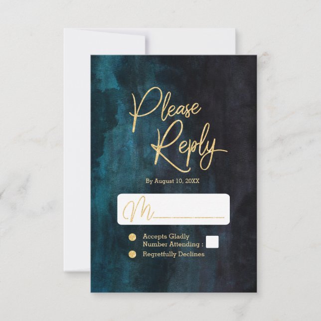 Navy Teal Watercolor & Gold Wedding Reply RSVP (Front)