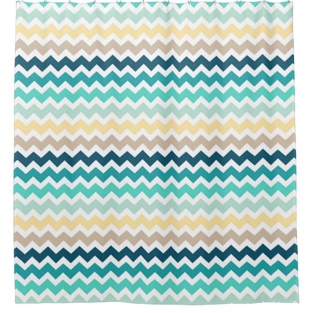 Navy Teal Yellow Chevron Stripes Shower Curtain (Front)