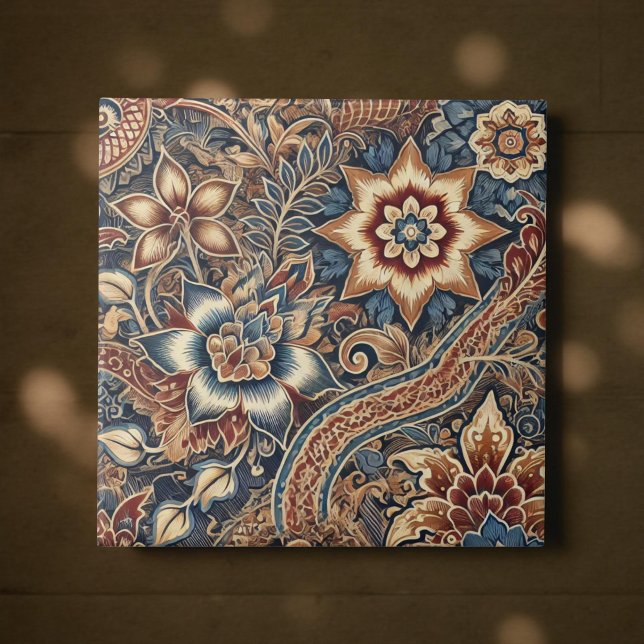 Navy Terracotta Batik Boho Watercolor Floral Tile (Creator Uploaded)