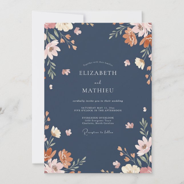 Navy Terracotta Blossom Wedding Invitation (Front)
