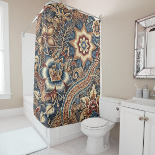 Navy Terracotta Boho Batik Floral Watercolor Shower Curtain