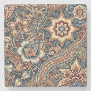 Navy Terracotta Boho Batik Floral Watercolor Stone Coaster