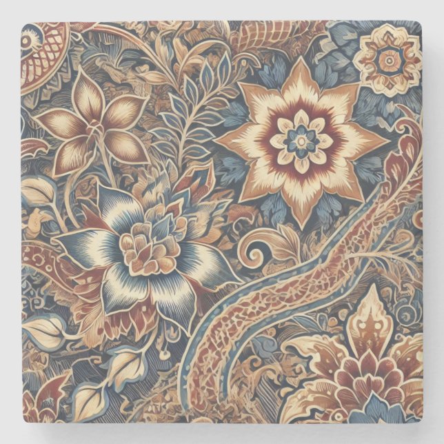 Navy Terracotta Boho Batik Floral Watercolor Stone Coaster (Front)