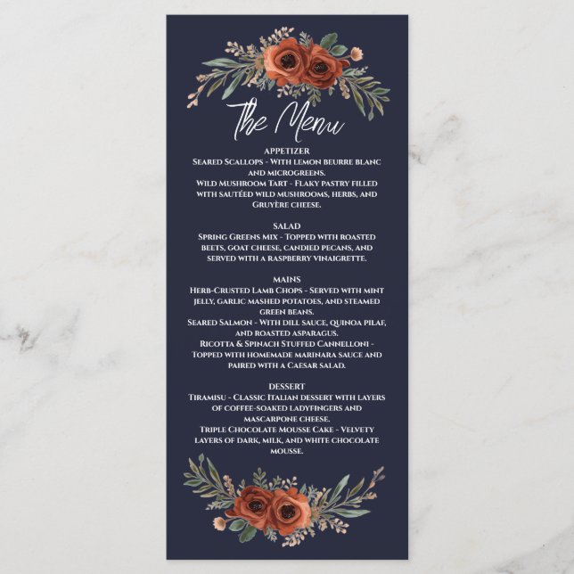 Navy Terracotta Boho Floral Menu (Front)