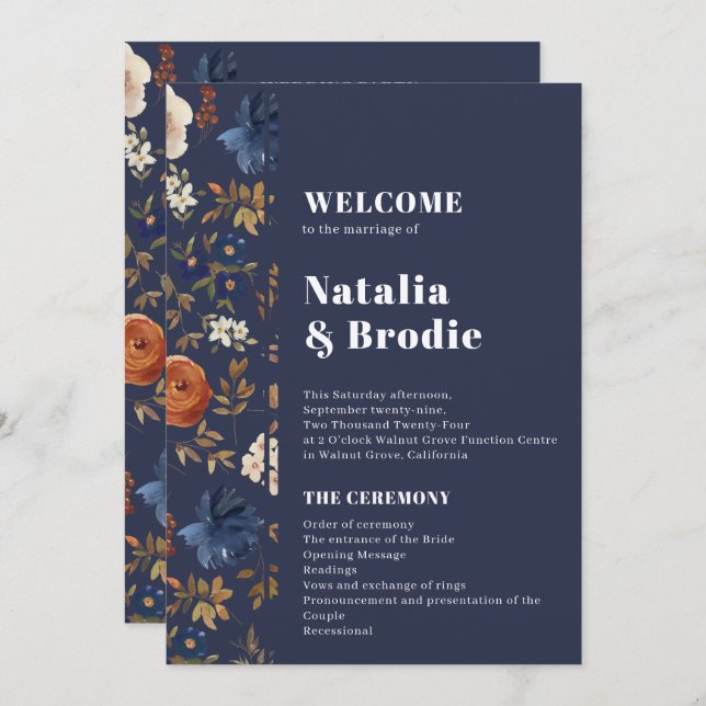 Navy Terracotta Boho Wedding Program Invitation (Front/Back)