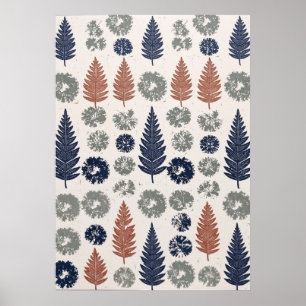 Navy Terracotta Fern Leaf Linocut Pattern Poster