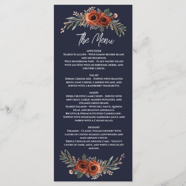 Navy Terracotta Floral Boho Wedding Menu (Front)