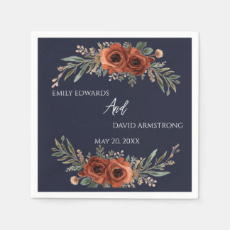 Navy Terracotta Floral Boho Wedding Napkins