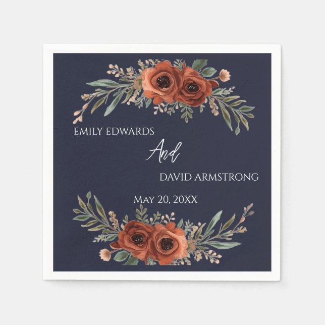 Navy Terracotta Floral Boho Wedding Napkins (Front)
