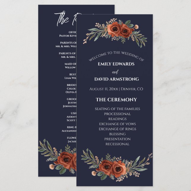 Navy Terracotta Floral Boho Wedding Program (Front/Back)