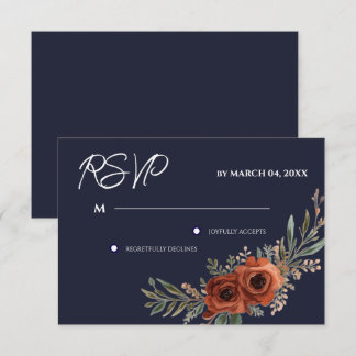 Navy Terracotta Floral Boho Wedding RSVP Card