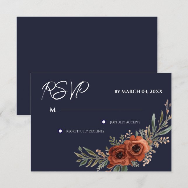 Navy Terracotta Floral Boho Wedding RSVP Card (Front/Back)