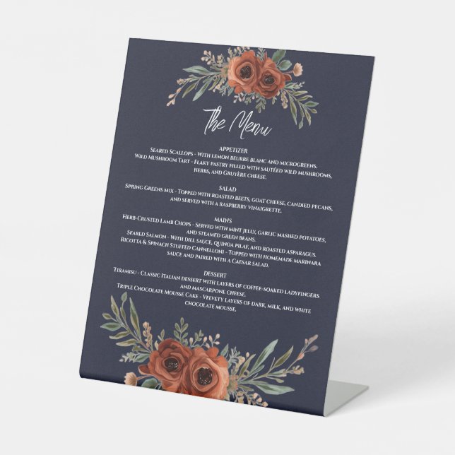 Navy Terracotta Floral Menu, Boho Pedestal Sign (Front)