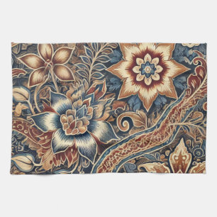 Navy Terracotta Indonesia Batik Floral Boho Rustic Tea Towel