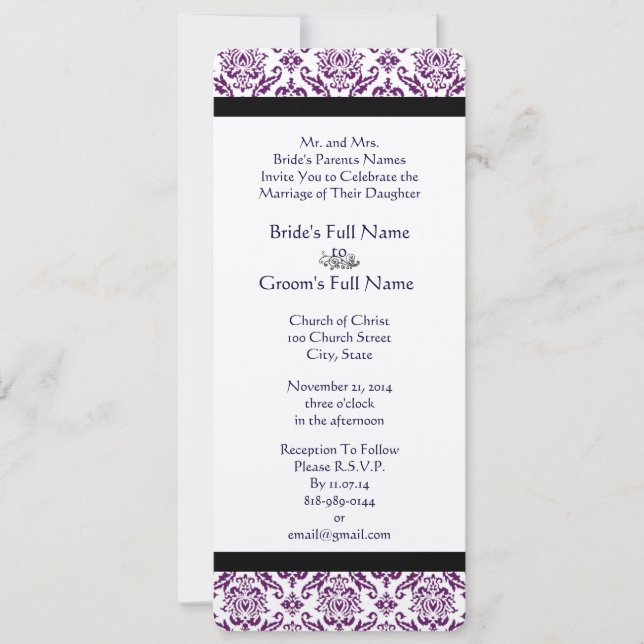 Navy Text Purple Damask Monogram Wedding Invitation (Front)