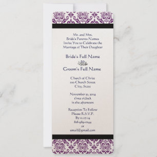 Navy Text Purple Damask Monogram Wedding Invitation