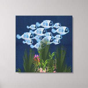 Navy textured, fish, Pink-coral Canvas Print