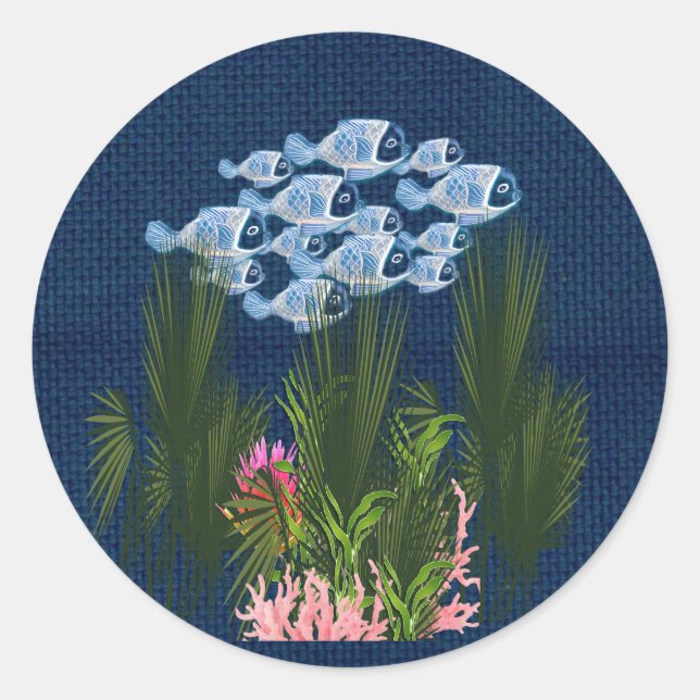 Navy Textured,Fish,Pink-Coral  Classic Round Sticker (Front)