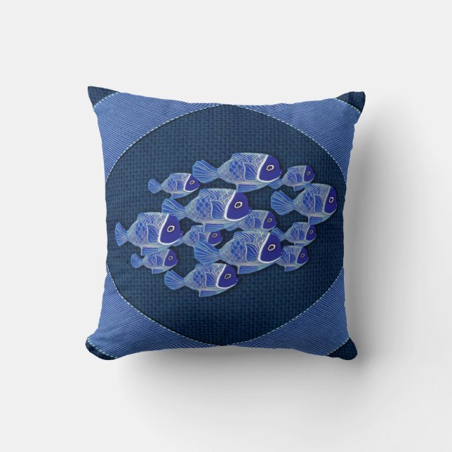 Navy textured,Fish,Pink-Coral Cushion (Front)