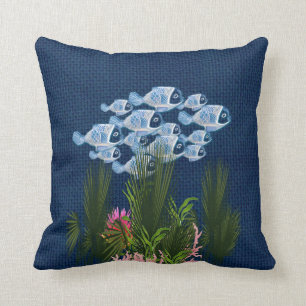 Navy Textured,Fish,Pink-Coral Cushion