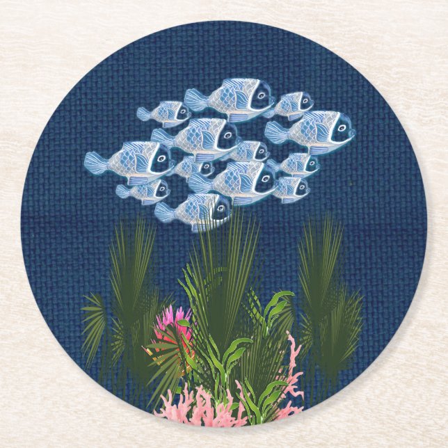 Navy Textured,Fish,Pink-Coral Round Paper Coaster (Front)