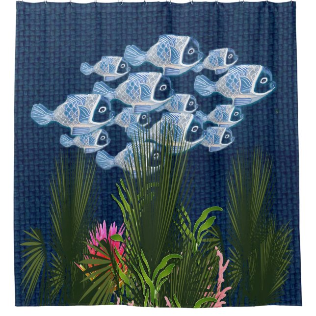 Navy Textured,Fish,Pink-Coral Shower Curtain (Front)