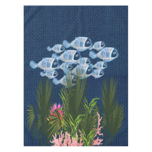 Navy Textured,Fish,Pink-Coral Tablecloth