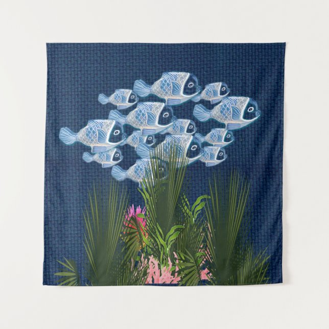 Navy textured, fish, Pink-coral Tapestry (Front)