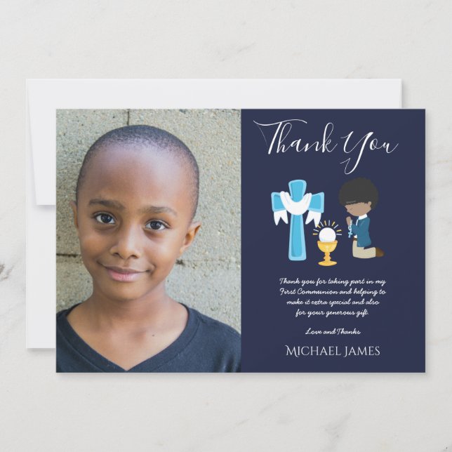 NAVY THANK YOU PHOTO 1st Communion - BOY Praying Card (Front)