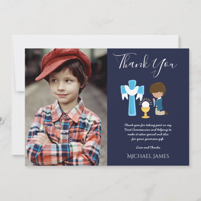 NAVY THANK YOU PHOTO 1st Communion - BOY Praying Card (Front)