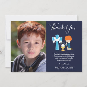 NAVY THANK YOU PHOTO 1st Communion - RED HAIR BOY Card