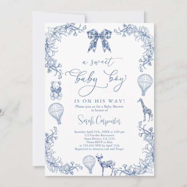 Navy Toile De Jouy Hot Air Balloon Baby Shower Boy Invitation (Front)