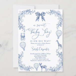 Navy Toile De Jouy Hot Air Balloon Baby Shower Boy Invitation