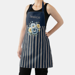 Navy Top with Grey Stripes Floral Apron