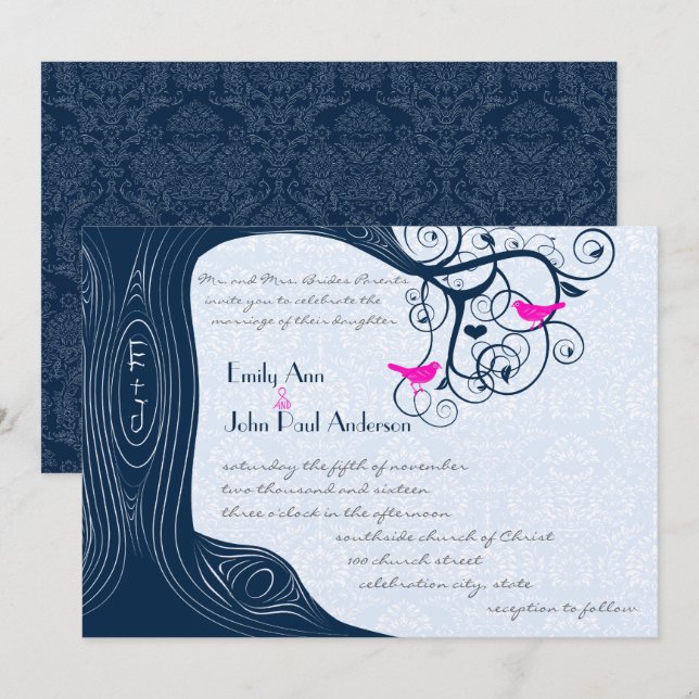 Navy Tree Swirls Fuchsia Pink Wedding Invitation (Front/Back)
