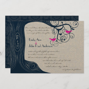 Navy Tree Swirls Fuchsia Pink Wedding Invitation
